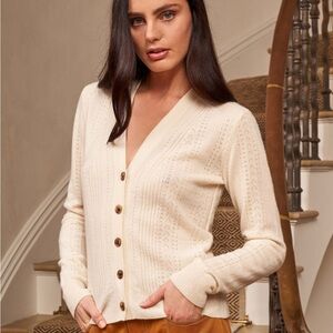 La Ligne Cashmere Pointelle Cardigan Sweater Medium Ivory